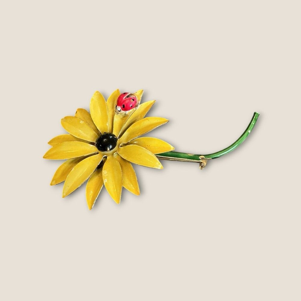 Estate Vintage Original by Robert Metal Yellow Flower Ladybug Brooch Pin 3.5” - Picture 3 of 5